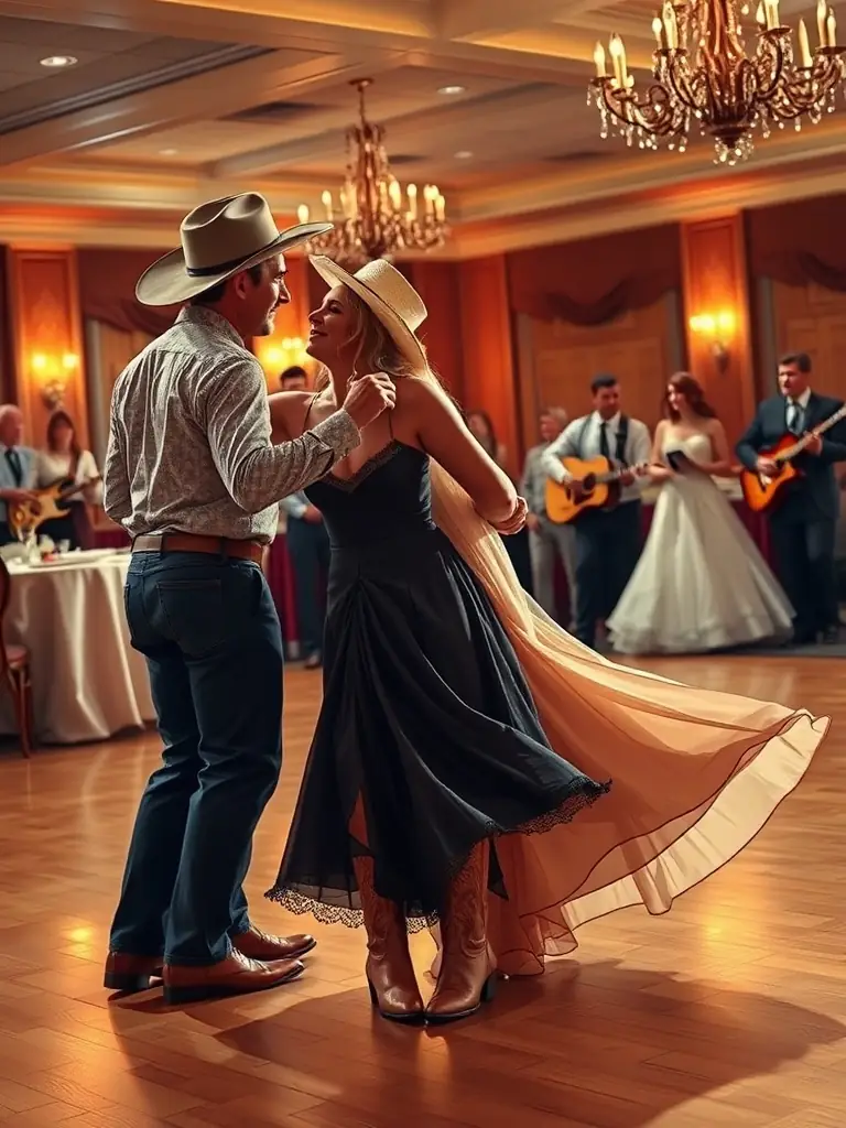 A lively scene from a GEM S COUNTRY CLUB ball, with couples dancing in traditional attire, reflecting the joyous and social atmosphere of the event.
