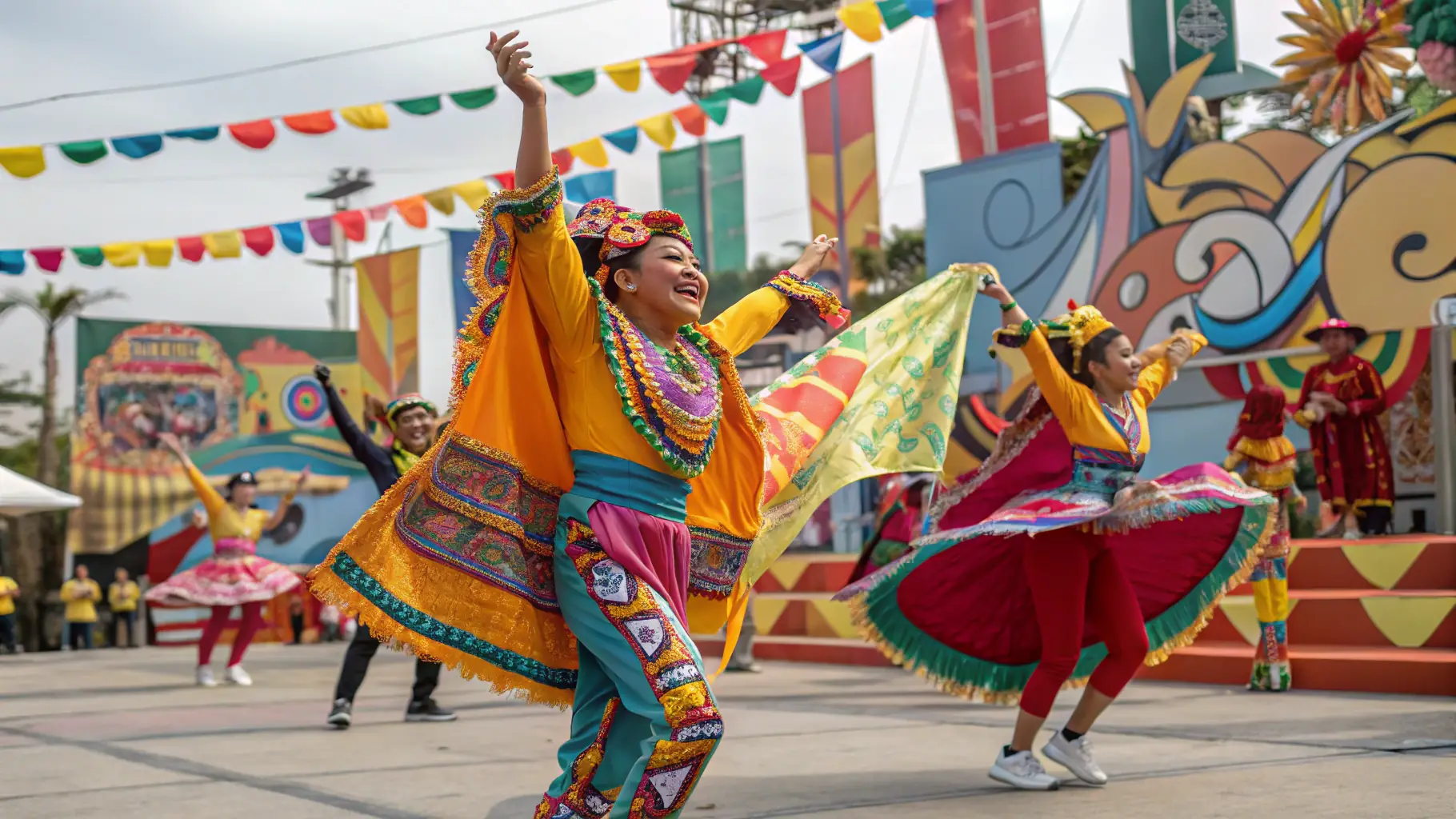 A lively country dance event with people in traditional attire dancing in a decorated hall.