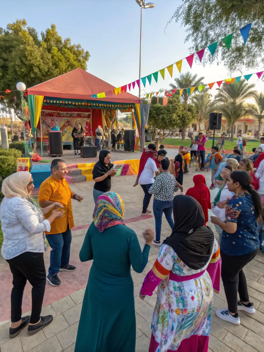 A diverse group of community members gathered at a GEM S COUNTRY CLUB event, laughing and interacting with each other, emphasizing community engagement.