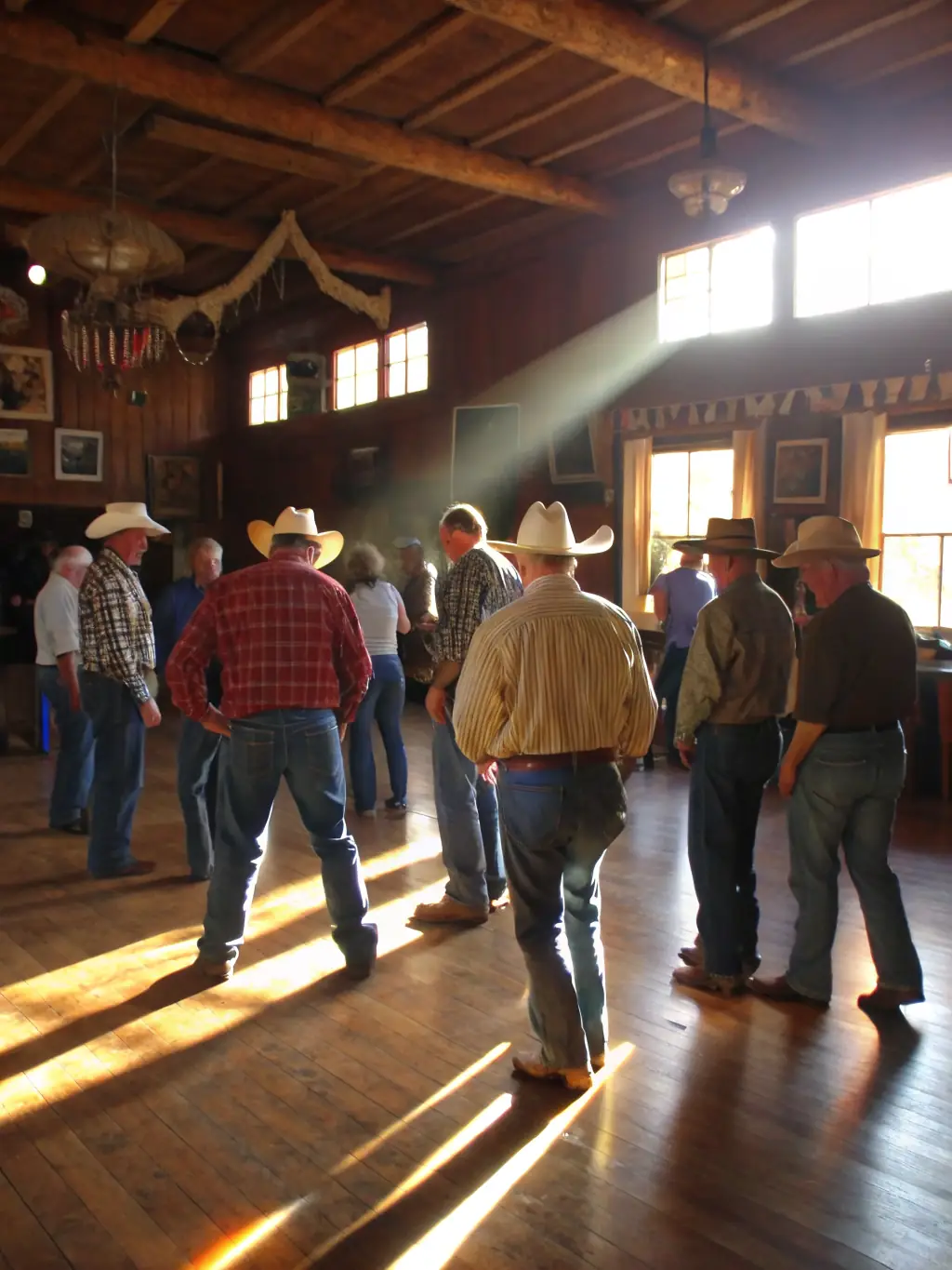 A group of people in traditional country attire participating in a lively dance class, showcasing the cultural heritage promoted by GEM S COUNTRY CLUB.