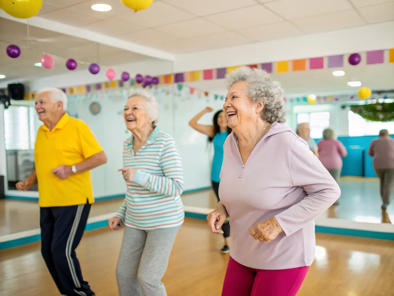 A vibrant image of a country dance class in session, with participants of all ages learning traditional dance steps. The setting is a brightly lit hall with wooden floors, and the atmosphere is lively and engaging.
