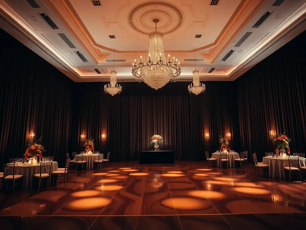 An elegant image of a country ball, with participants dressed in formal attire, dancing to live music. The setting is a grand ballroom with chandeliers and decorations, creating a festive and celebratory atmosphere.