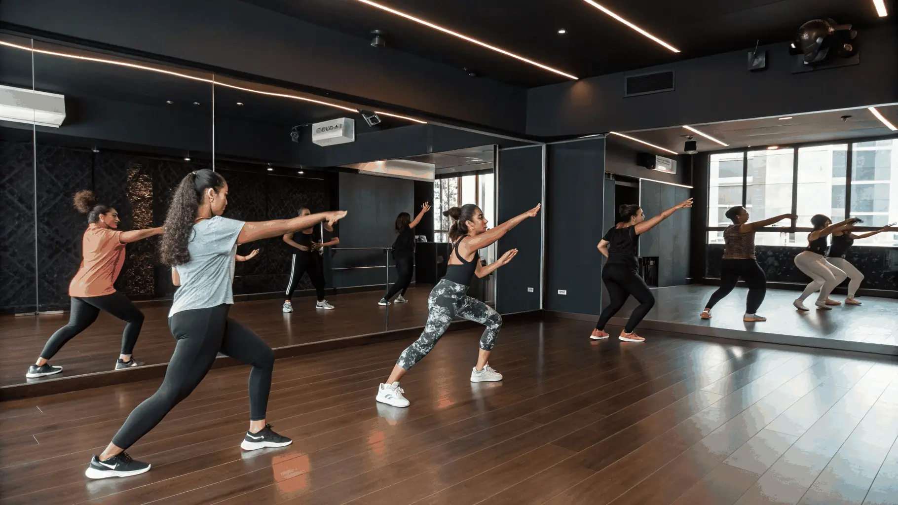 A group of people learning country dance steps in a dance class setting.